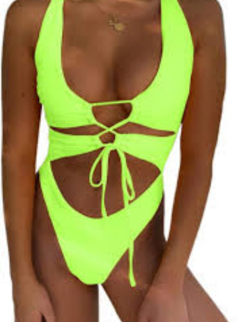CHYRII Size M Neon Green Sexy Cutout Lace Up Backless One-Piece Swim Monokini